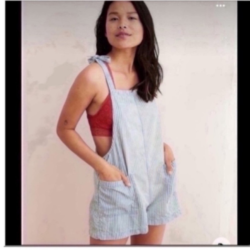 AERIE Shoulder Tie Striped Overall Short - Blue and White